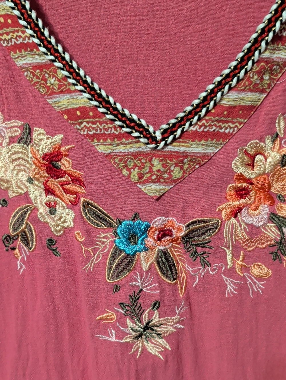 Cream Embroidered V-Neck Tunic with Coral & Blue Dragonfly - Picture 7 of 8